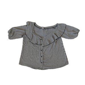 Black & White Striped Ruffled Button-Down deep v-neck Top blouse 1X